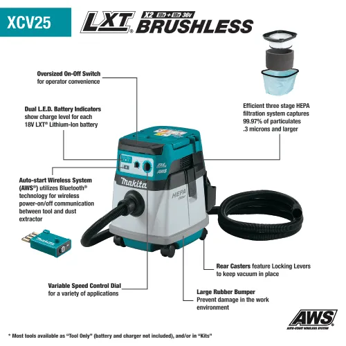 36V (18V X2) LXT® Brushless36V (18V X2) LXT® Brushless 4 Gallon HEPA Filter Dry Dust Extractor/Vacuum, AWS®, Tool Only4 Gallon HEPA Filter Dry Dust Extractor, AWS®, Tool Only