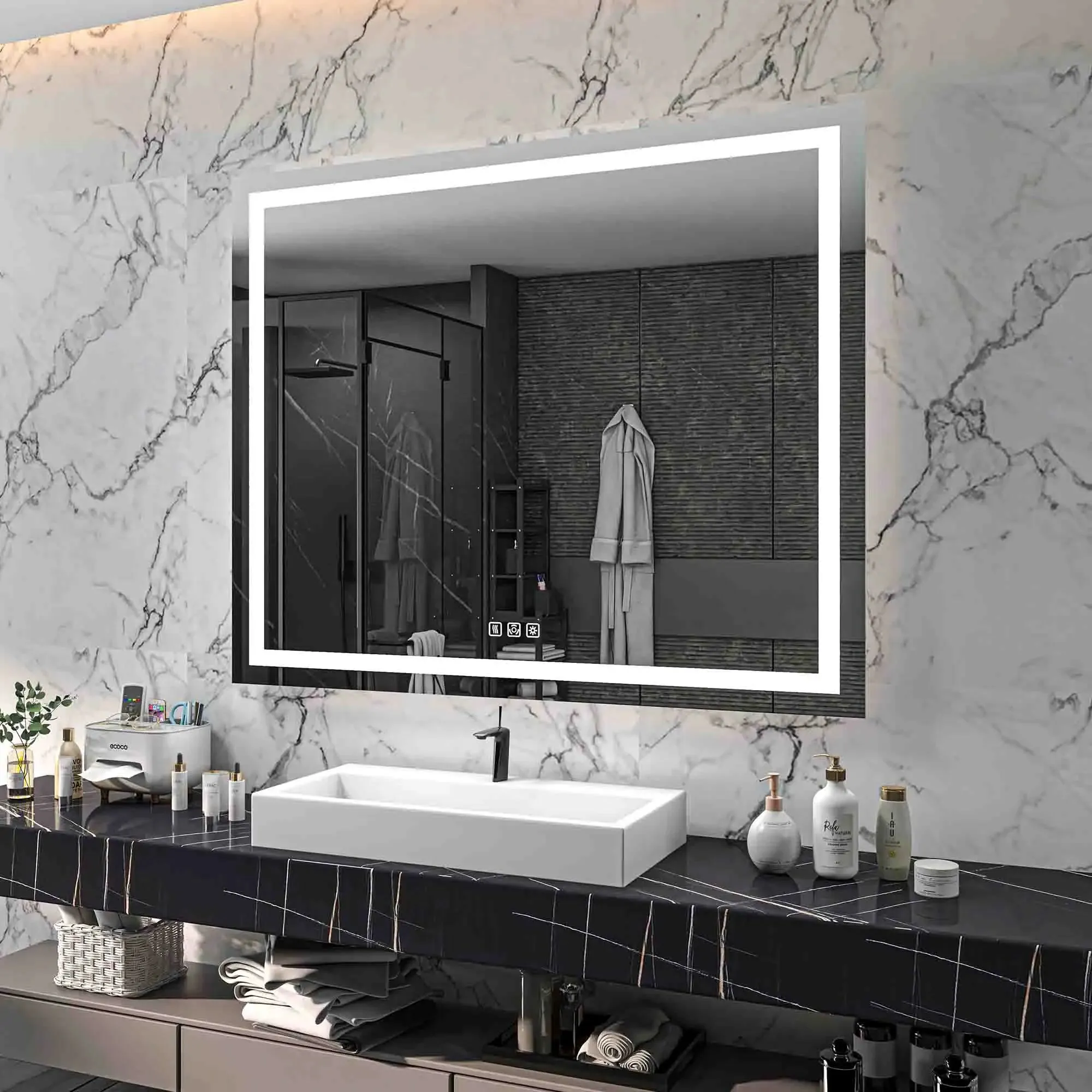 60'' W x 48'' H Large LED Bedroom Mirror, Frameless, Anti-mist, Front Light