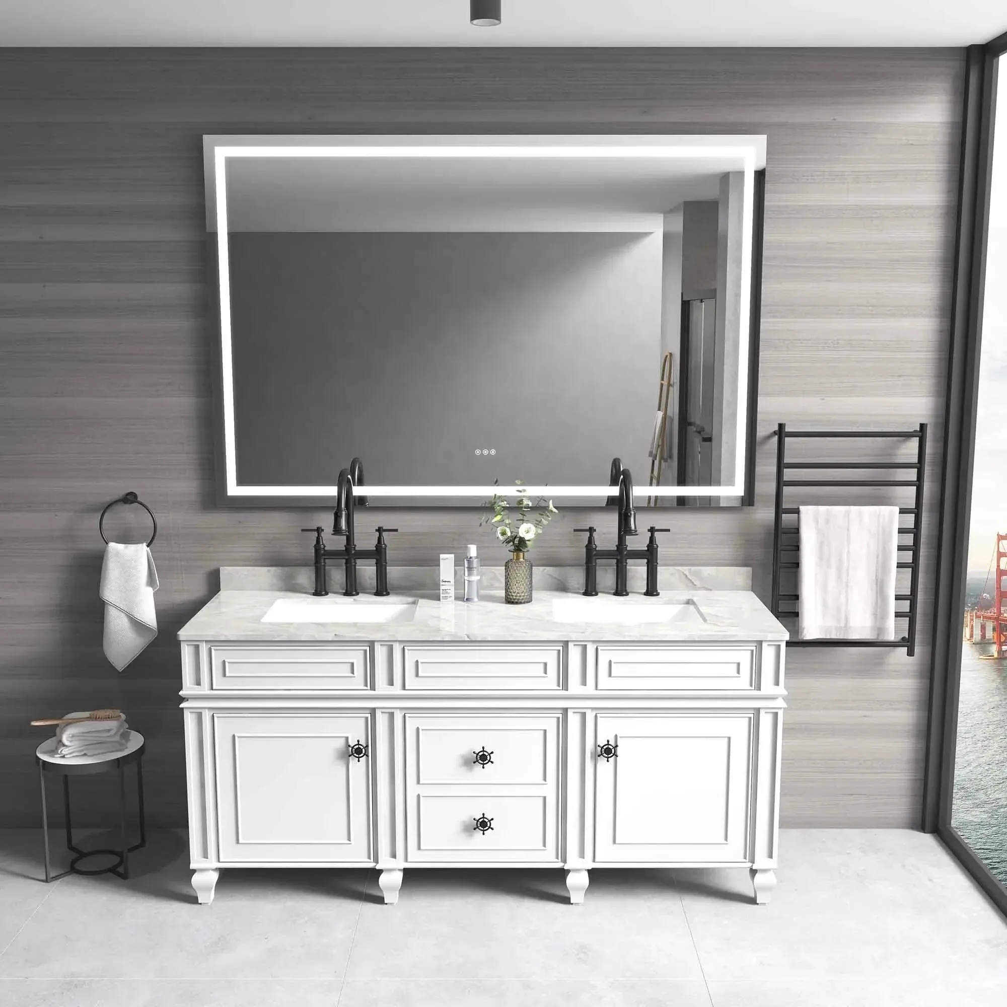 60'' W x 48'' H Large LED Bedroom Mirror, Frameless, Anti-mist, Front Light