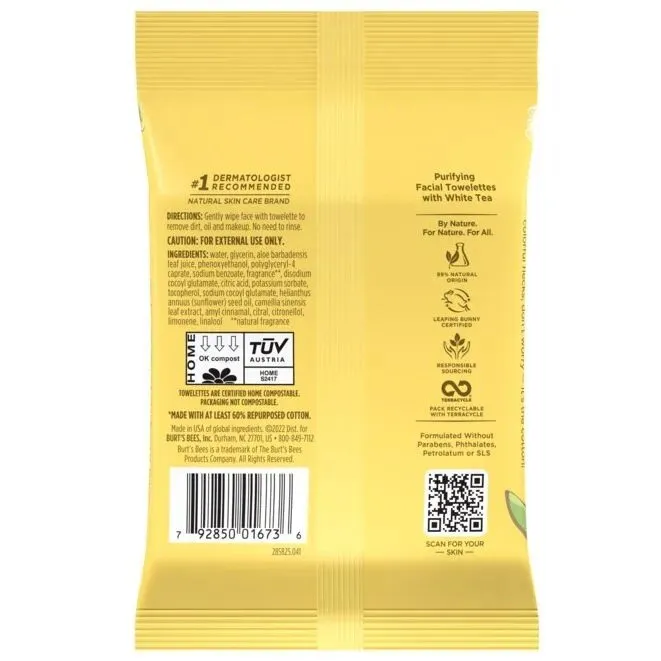 Burt's Bees Purifying 2-in-1 Facial Towelettes with White Tea Extract 10 Towelette