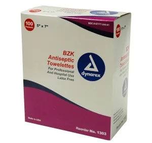 Dynarex BZK Antiseptic Towelette: 5" x 7", 100 Count