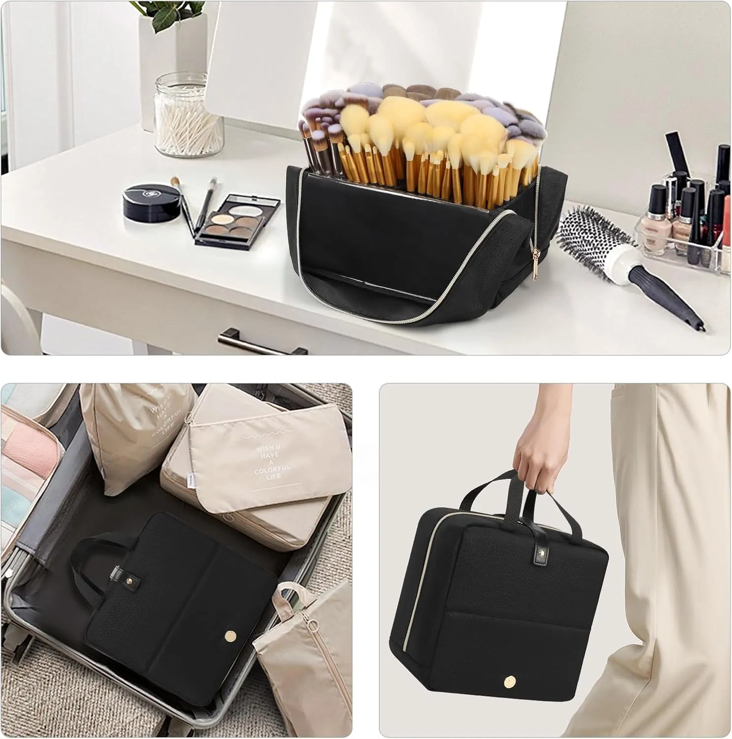 Large Capacity Foldable Travel Makeup Brushes Case Makeup Bag with Detachable Dividers