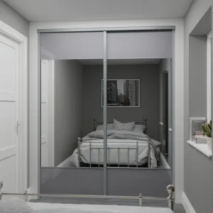 Satin Silver Frame Curve 2 Door Grey Glass & Mirror Sliding Wardrobe Kit