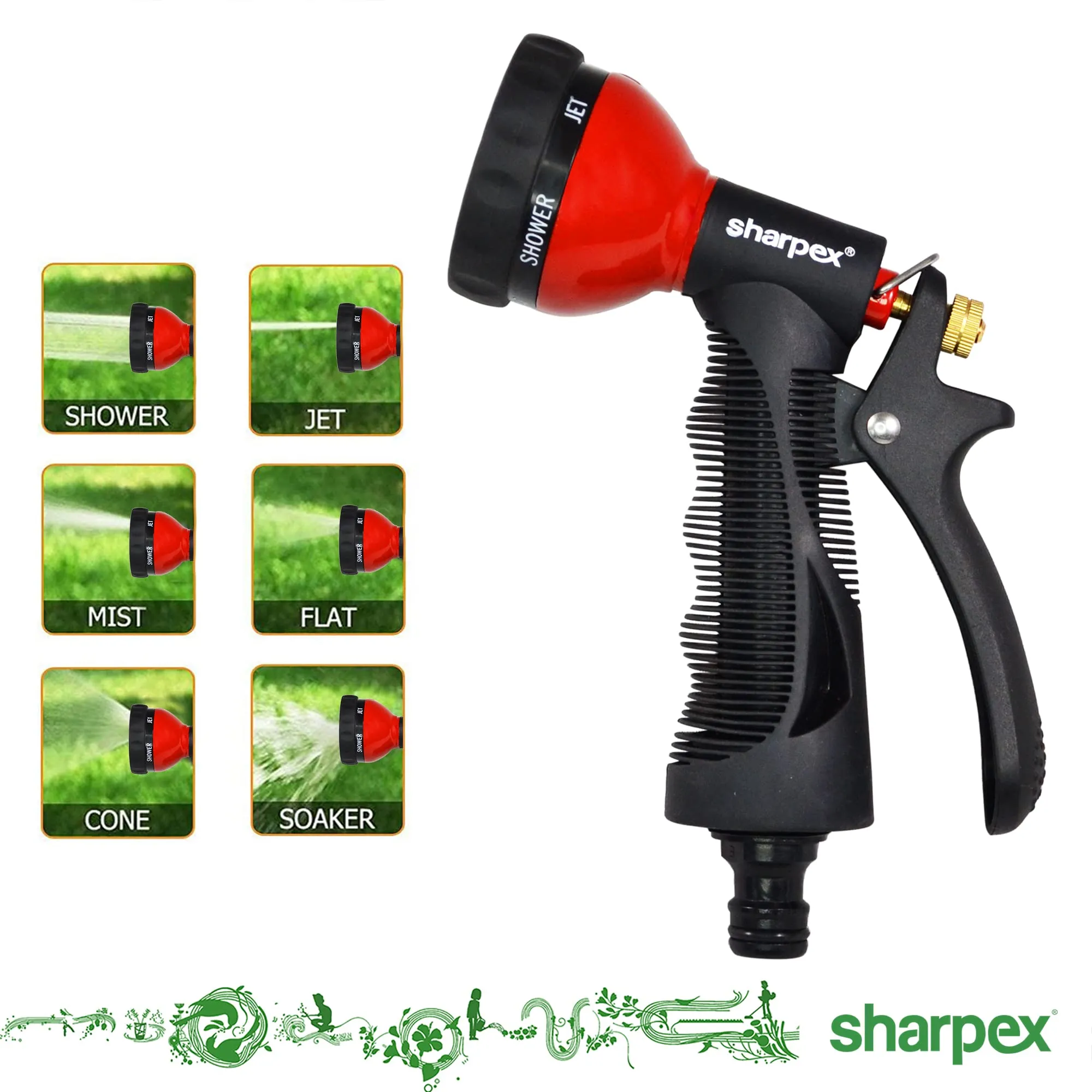 Sharpex High Pressure Water Gun Nozzle Spray for Garden Hose, Lawn, Car Washing, Bike Washer, Pets cleaning Sprinkler Water Gun - Heavy Duty Multi Adjustable Sprayer Nozzle For Pipe (Red), Metal