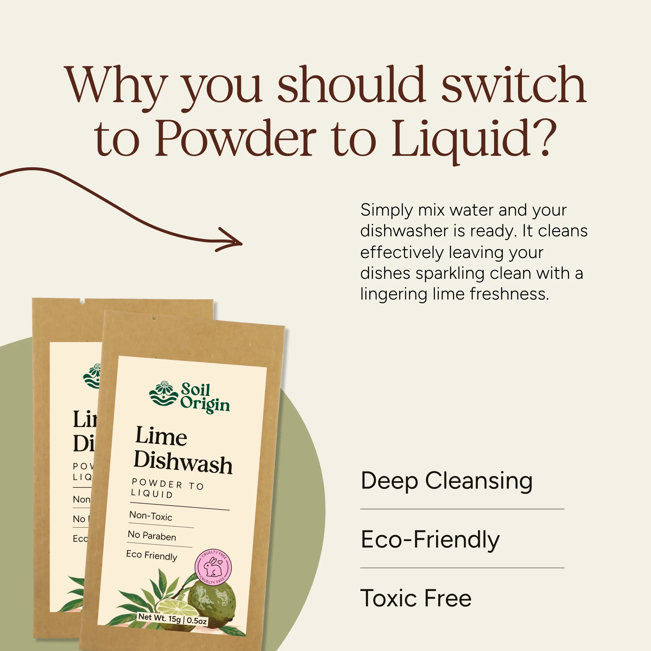 Soil Origin Powder to Liquid Dishwash (Lime), Toxic-Free, Makes 250 Ml