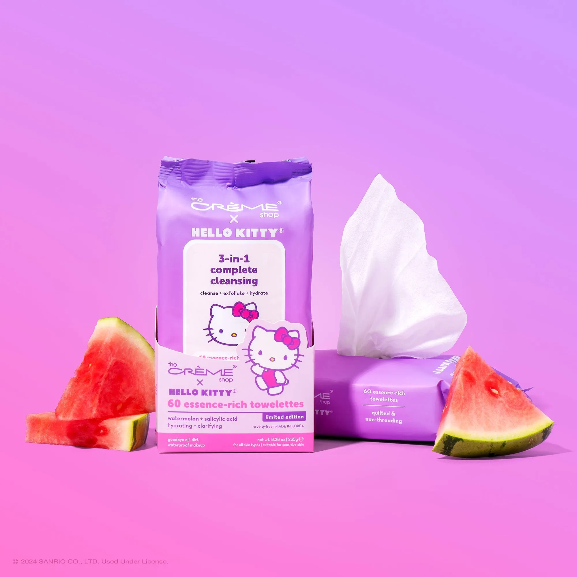 The Crème Shop x Hello Kitty(Purple) 3-In-1 Cleansing Towelettes - Watermelon