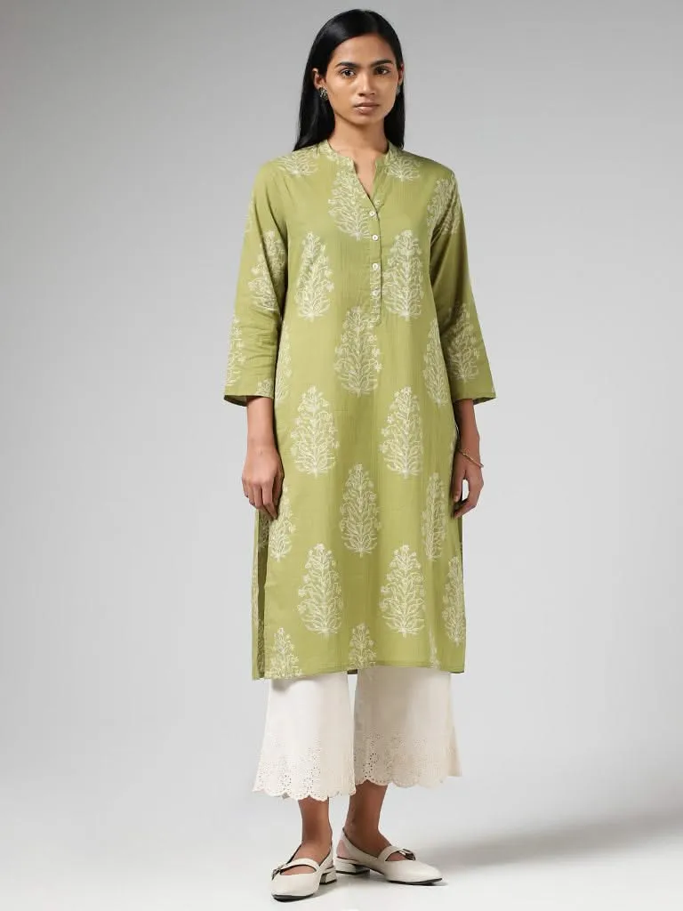 Utsa Lime Green Buta Printed Straight Kurta